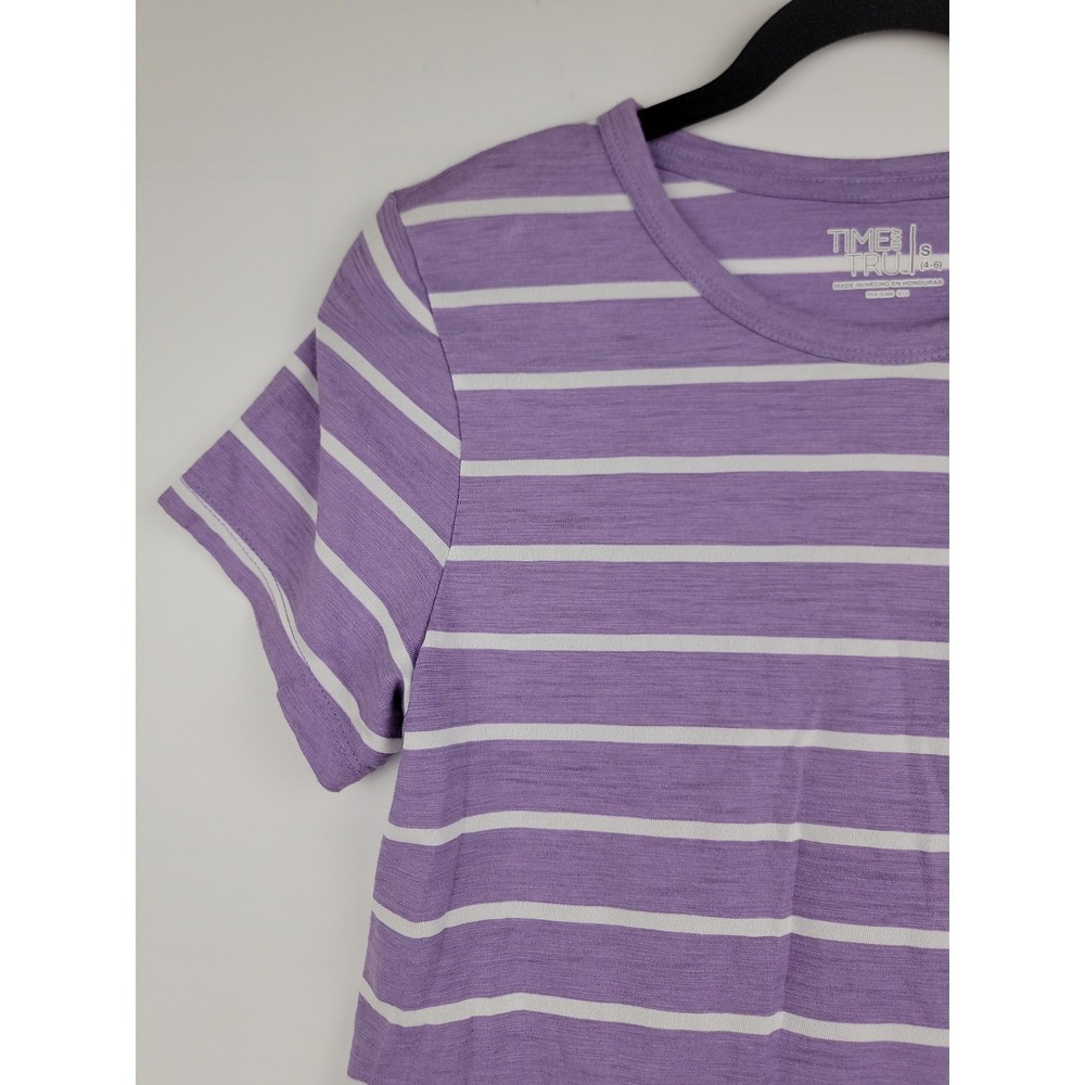 Time and Tru Womens Purple White Striped Short Sleeve Crewneck Tee Shirt S 4-6 - Picture 3 of 10